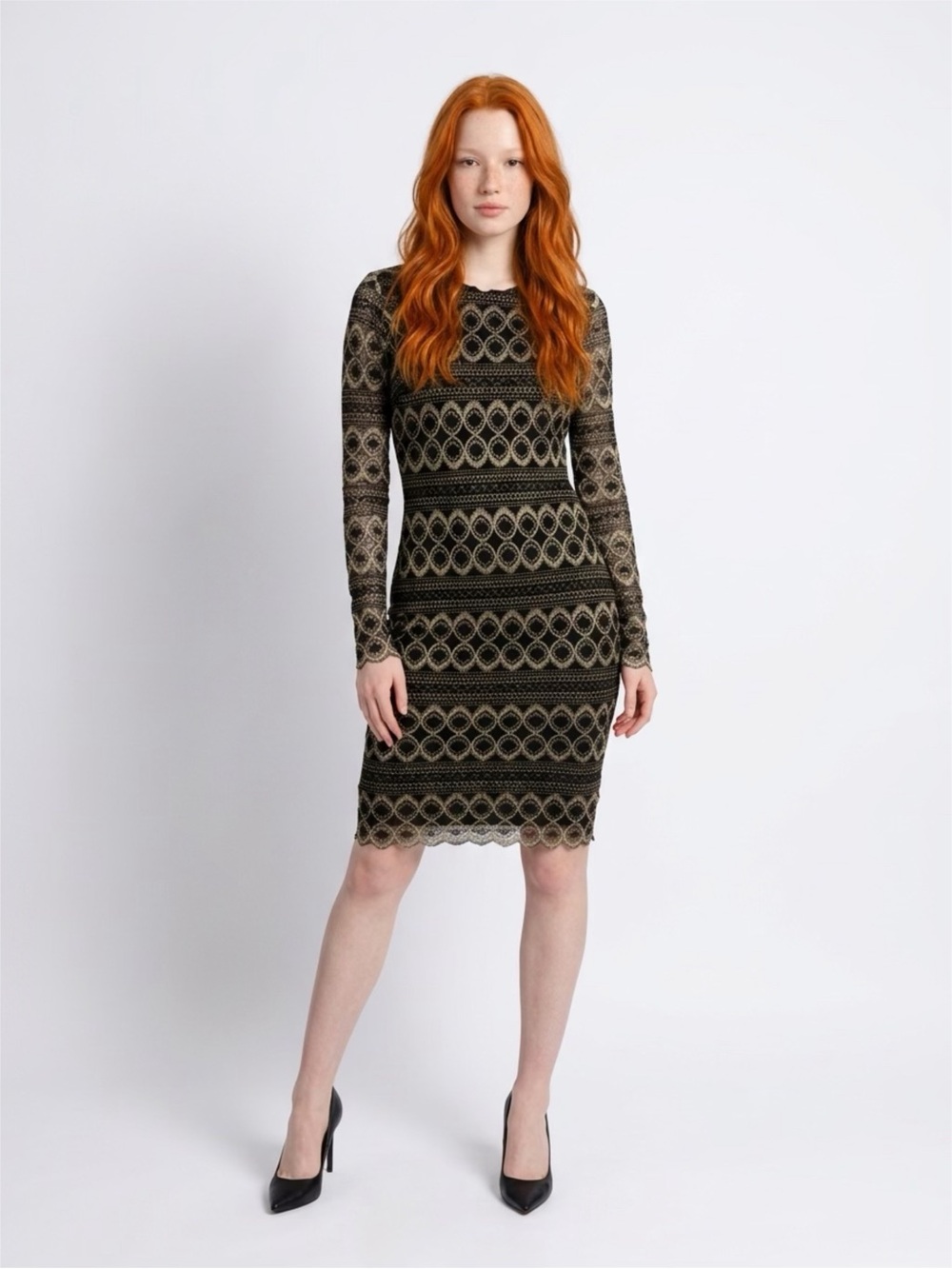 Cato Black and Gold Long Sleeve Lace Sheath Dress